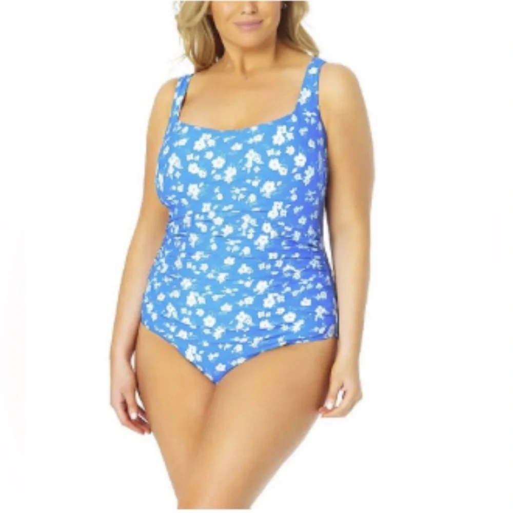 Anne Cole Square Neck Front Shirred One Piece NWT Size 22W - Picture 2 of 13